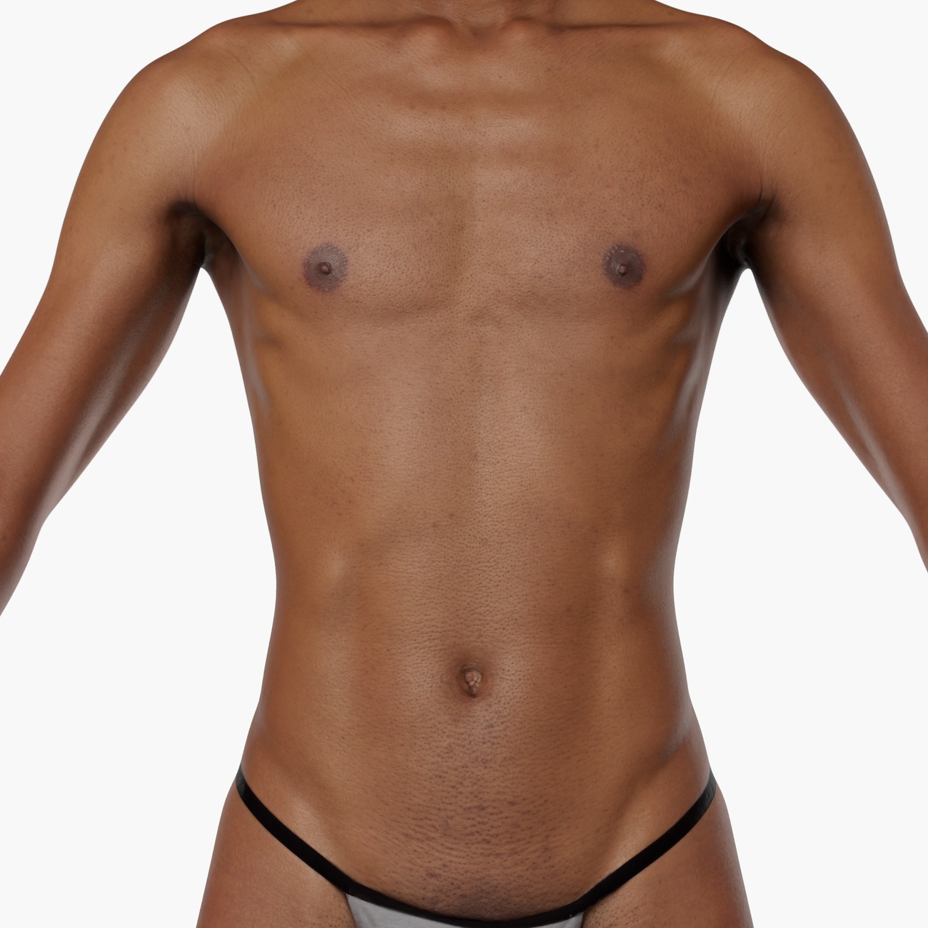 Close-up render of a lean male 3D body scan torso showing high-resolution skin texture and surface detail